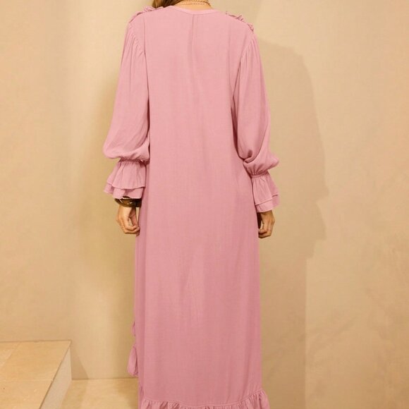 Baby Pink Boho Women's Long Sleeved Ruffled Front Maxi Cardigan Dress - Picture 3 of 10